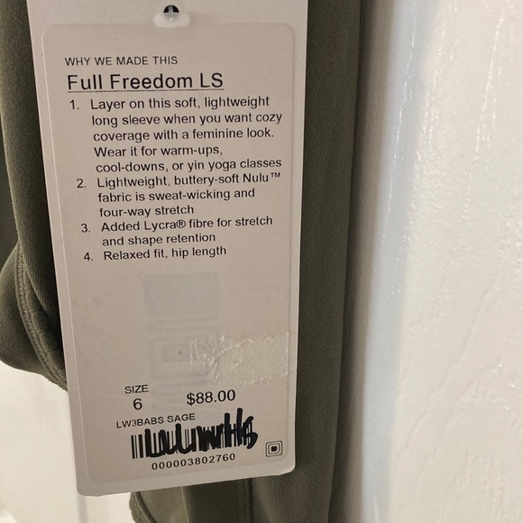 Lululemon Athletica Full Freedom LS. Size 6. NWT - Picture 3 of 5